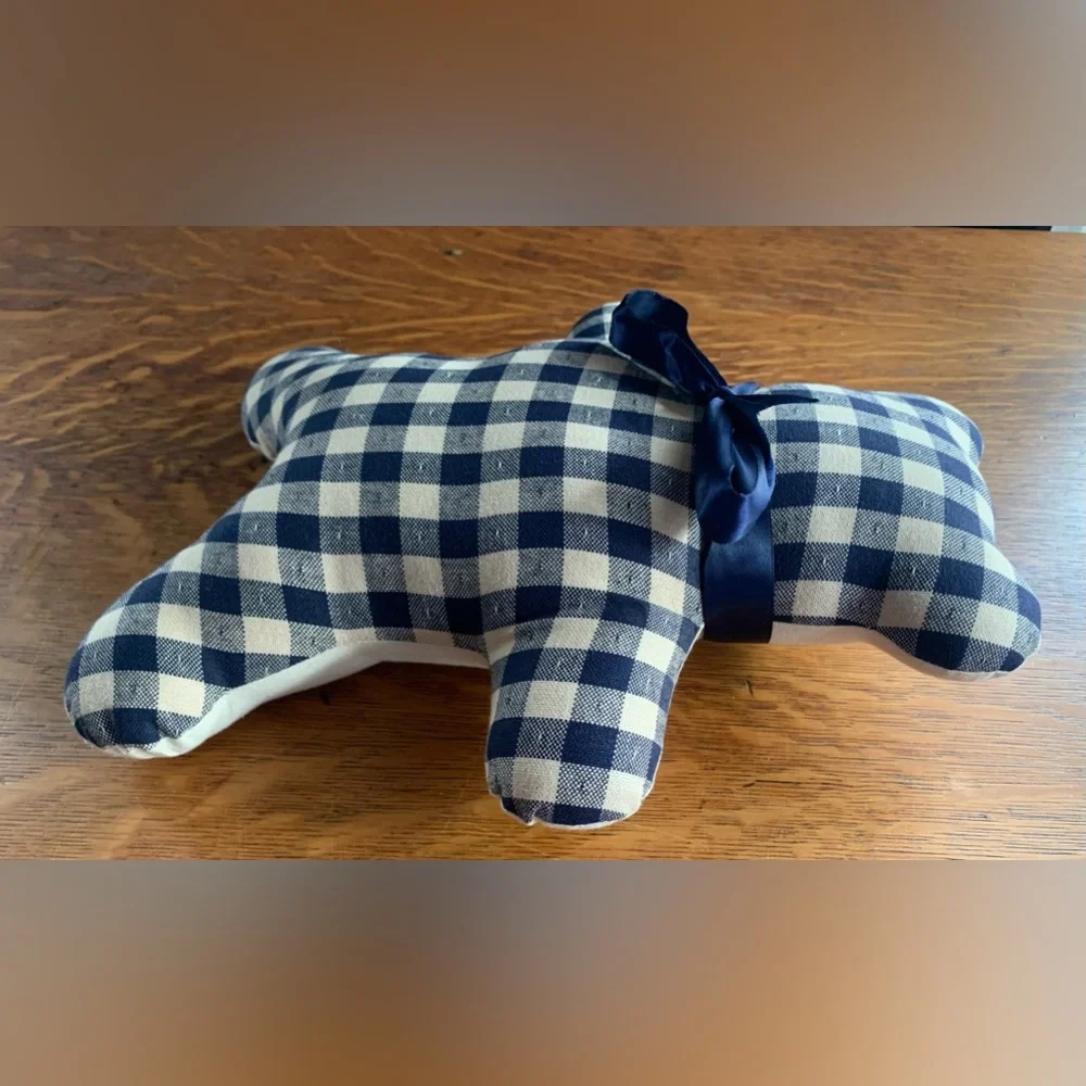 Blue Gingham Bear Pillow Country Primitive 12” Muslin Cottage